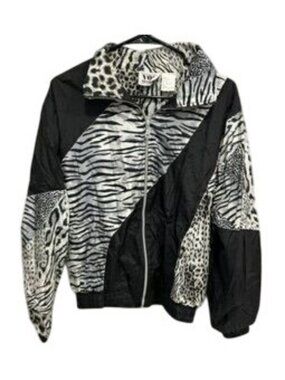 VOS Sports Small Leopard Print Nylon Windbreaker Zip Jacket Y2K Animal Print